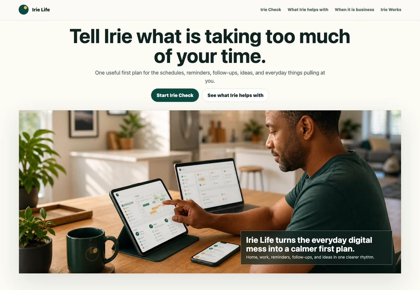 Close-up screenshot of the Irie Life front door page