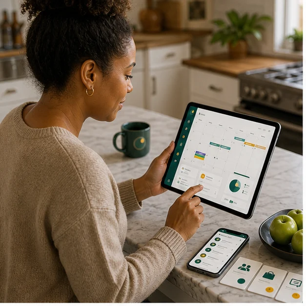 A person using Irie Life on a tablet and phone to organize home schedules and reminders