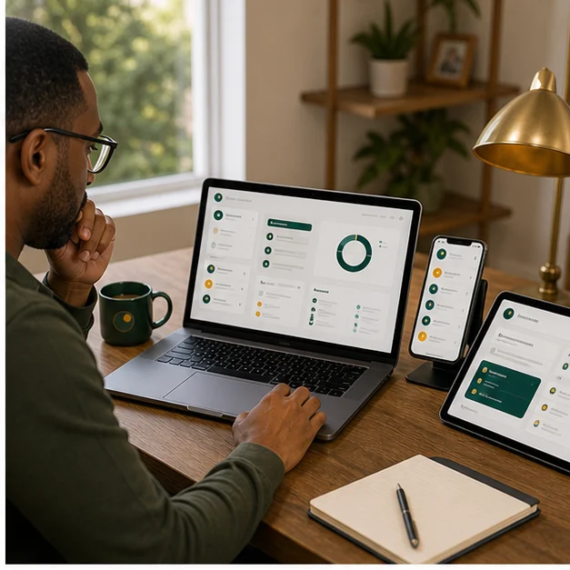 A home office laptop, tablet, and phone showing follow-up and reminder planning