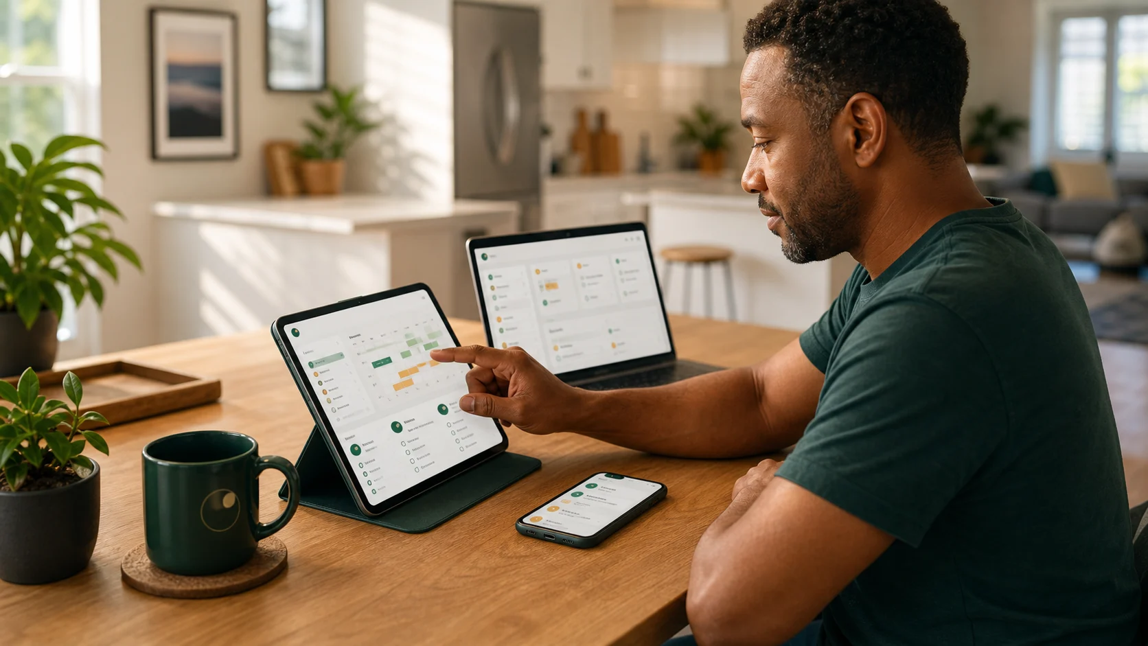 A calm home table where Irie Life organizes schedules, reminders, and next steps across tablet, laptop, and phone