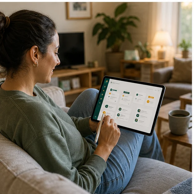 A person on a sofa using a tablet to turn scattered ideas into a simple plan