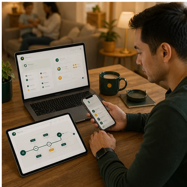 A home table with laptop, tablet, and phone routing work and life tasks into a first plan
