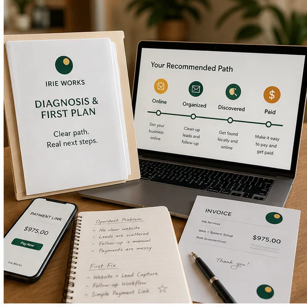 Irie Works diagnosis and first plan materials beside a recommended path screen