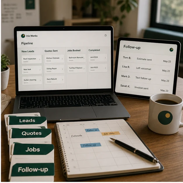 Irie Works lead, quote, job, and follow-up workflow on laptop and tablet