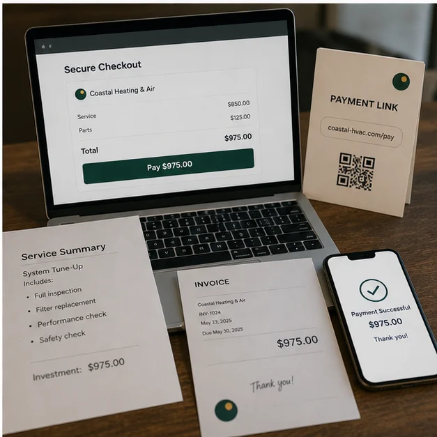 Secure checkout, invoice, payment link, and successful payment confirmation