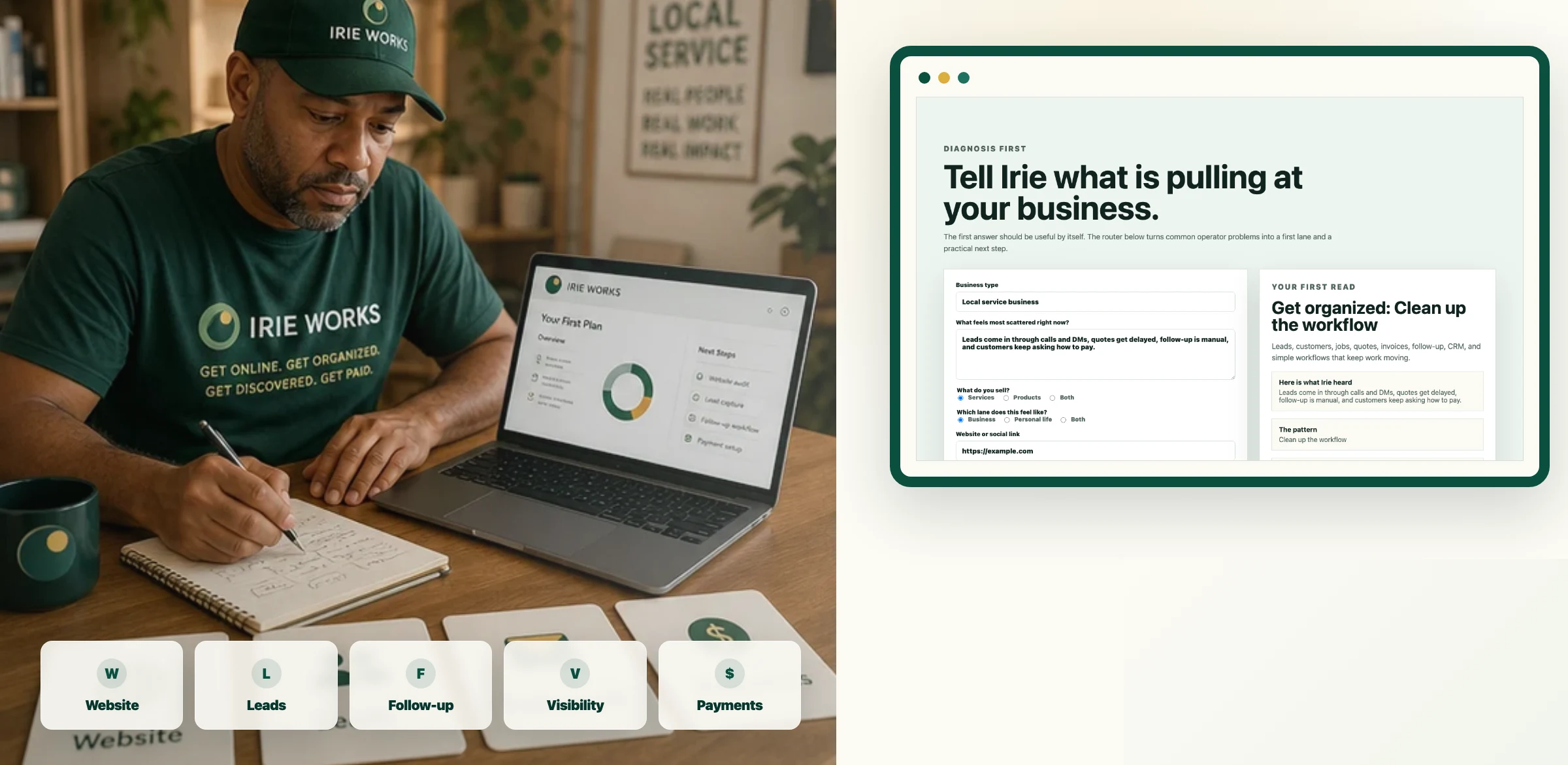 Irie Works local operator using a branded first plan dashboard for website leads follow-up and payments