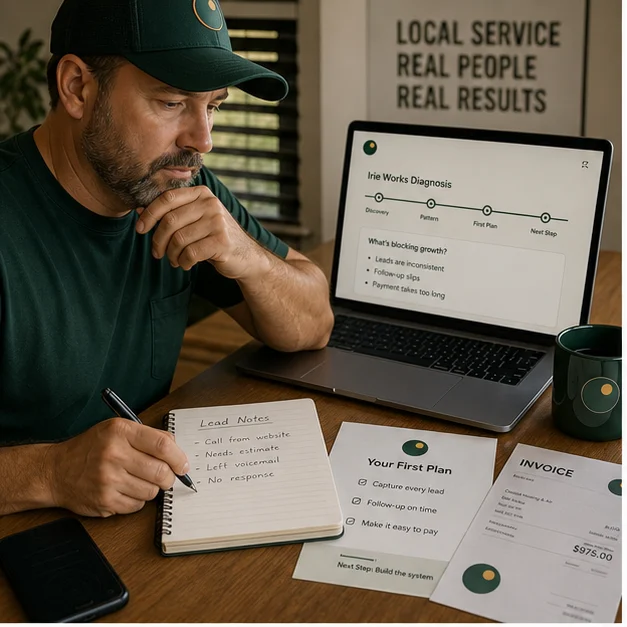 Local operator reviewing an Irie Works diagnosis and first plan at a desk